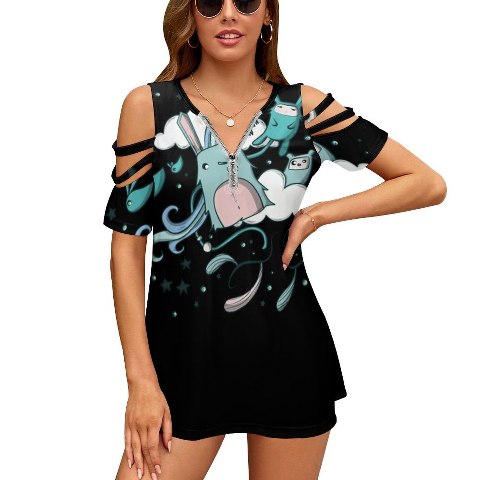 Women Fashion Vector - T-shirt imprimé avec fermeture éclair pour