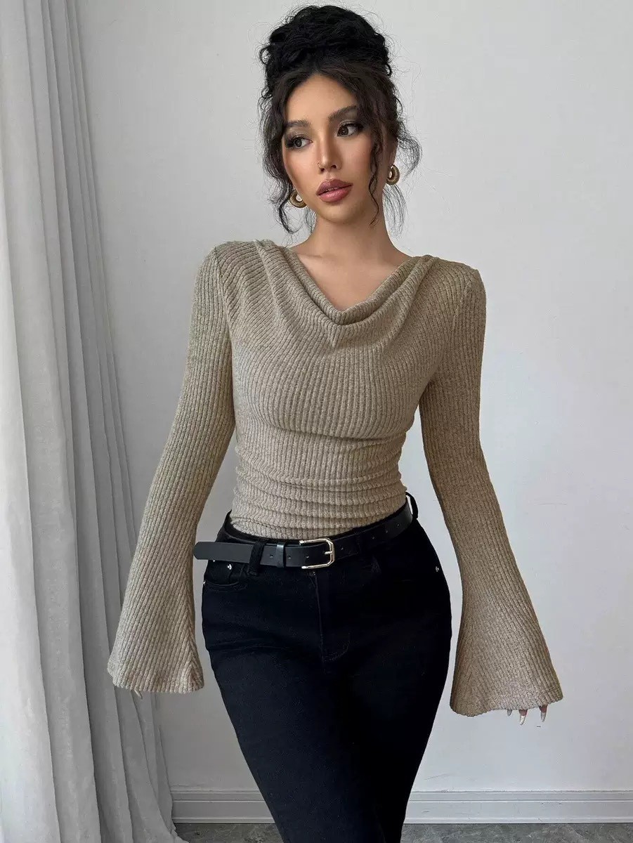 Women Fashion Blouse - Haut pour femme en maille côtelée,