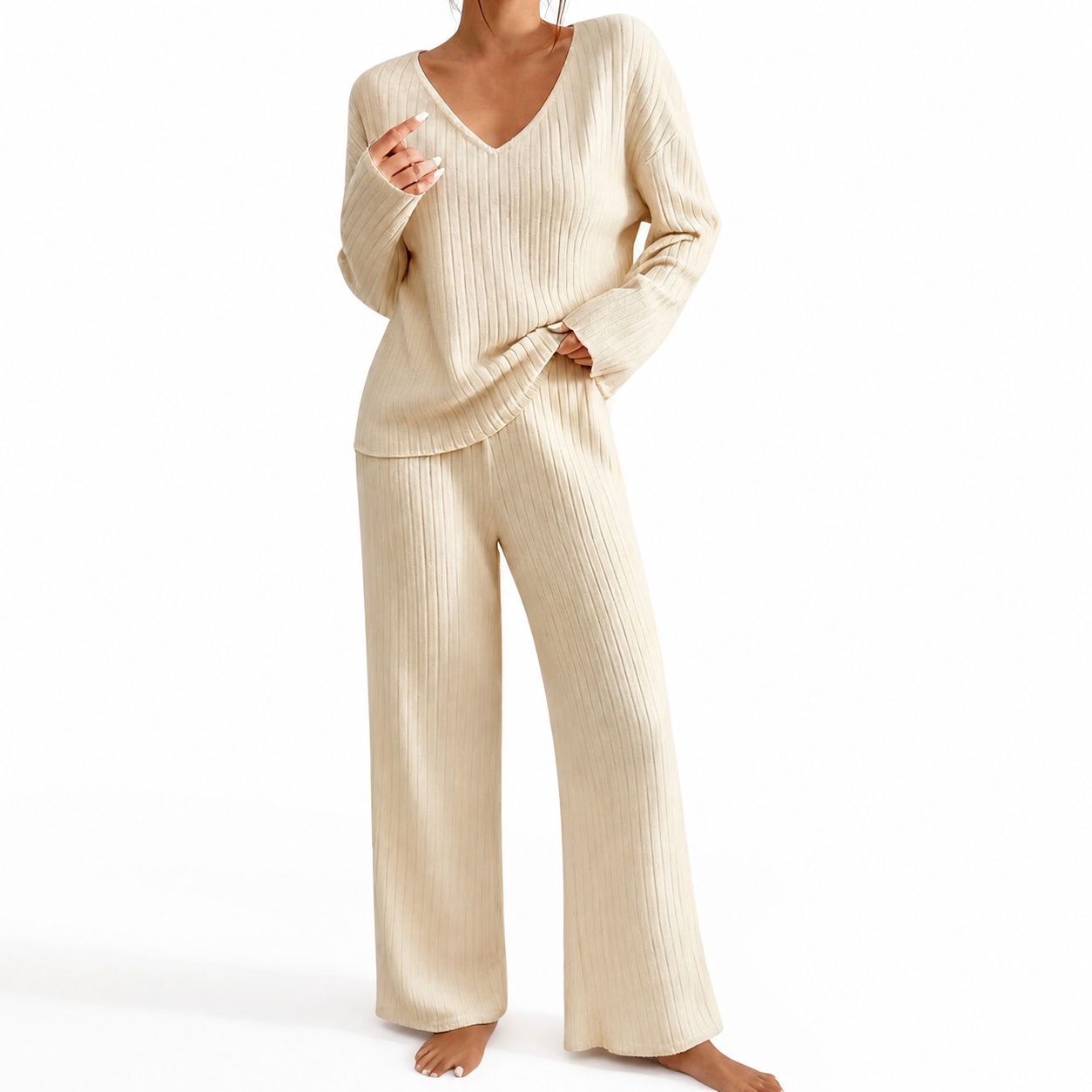 Ribbed Knit Sweater - Pull décontracté à manches longues pour