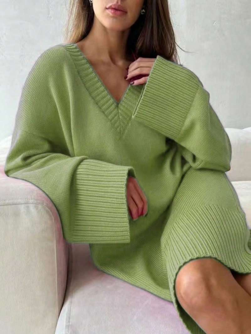Ribbed Knit Sweater - Robe pull unie pour femme grande