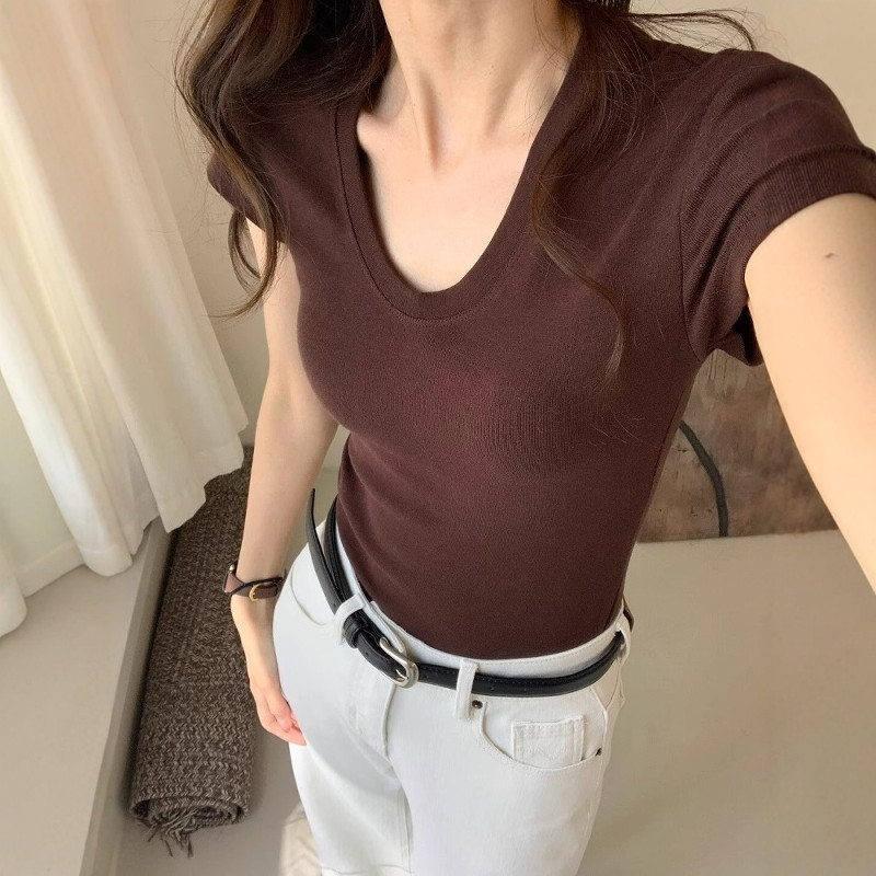 T-shirt à col en U et manches  - Women Fashion Blouse avis et prix