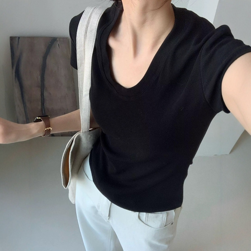 T-shirt à col en U et manches  - Women Fashion Blouse avis et prix