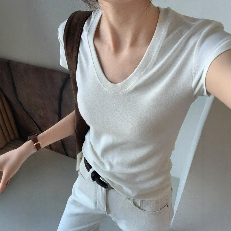 T-shirt à col en U et manches  - Women Fashion Blouse avis et prix