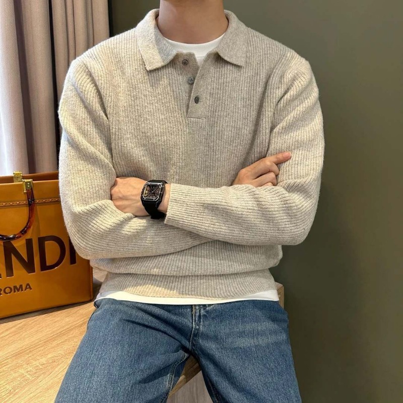 Pull polo en maille unie à col - Ribbed Knit Sweater avis et prix