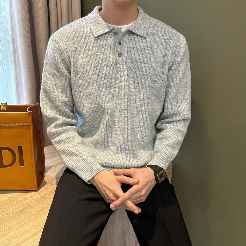 Pull polo en maille unie à col - Ribbed Knit Sweater avis et prix